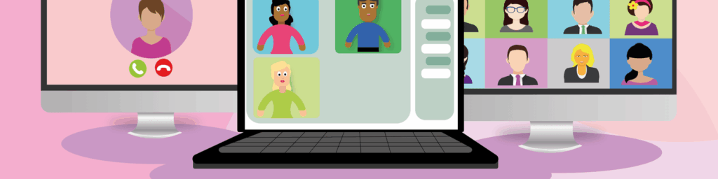 People on screens|A keyboard|Fiber cable|a chalkboard with problem crossed through and solution not crossed through|online events|online events