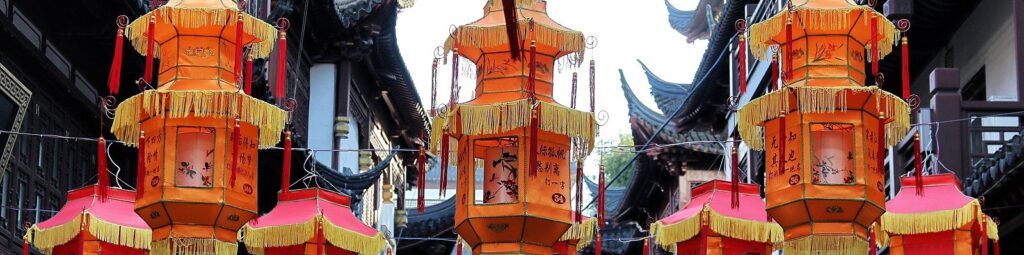 Oriental Pearl Tower|JAM Gateway to Asia Event Banner 3|JAM logo|China|China|China|Eastern skyline at night|Go East Event banner|Chinese lanterns